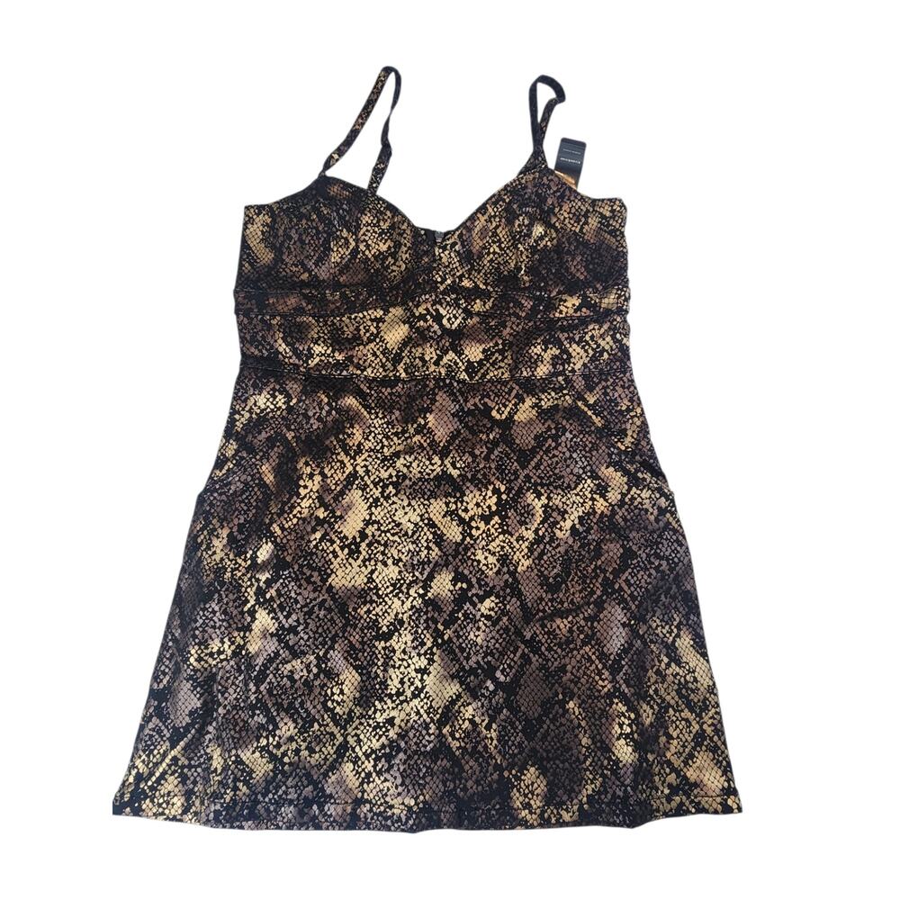 Bebe NWT Snakeskin Print foiled Camisole denim Dress Sz 12 Brown Black Stretch